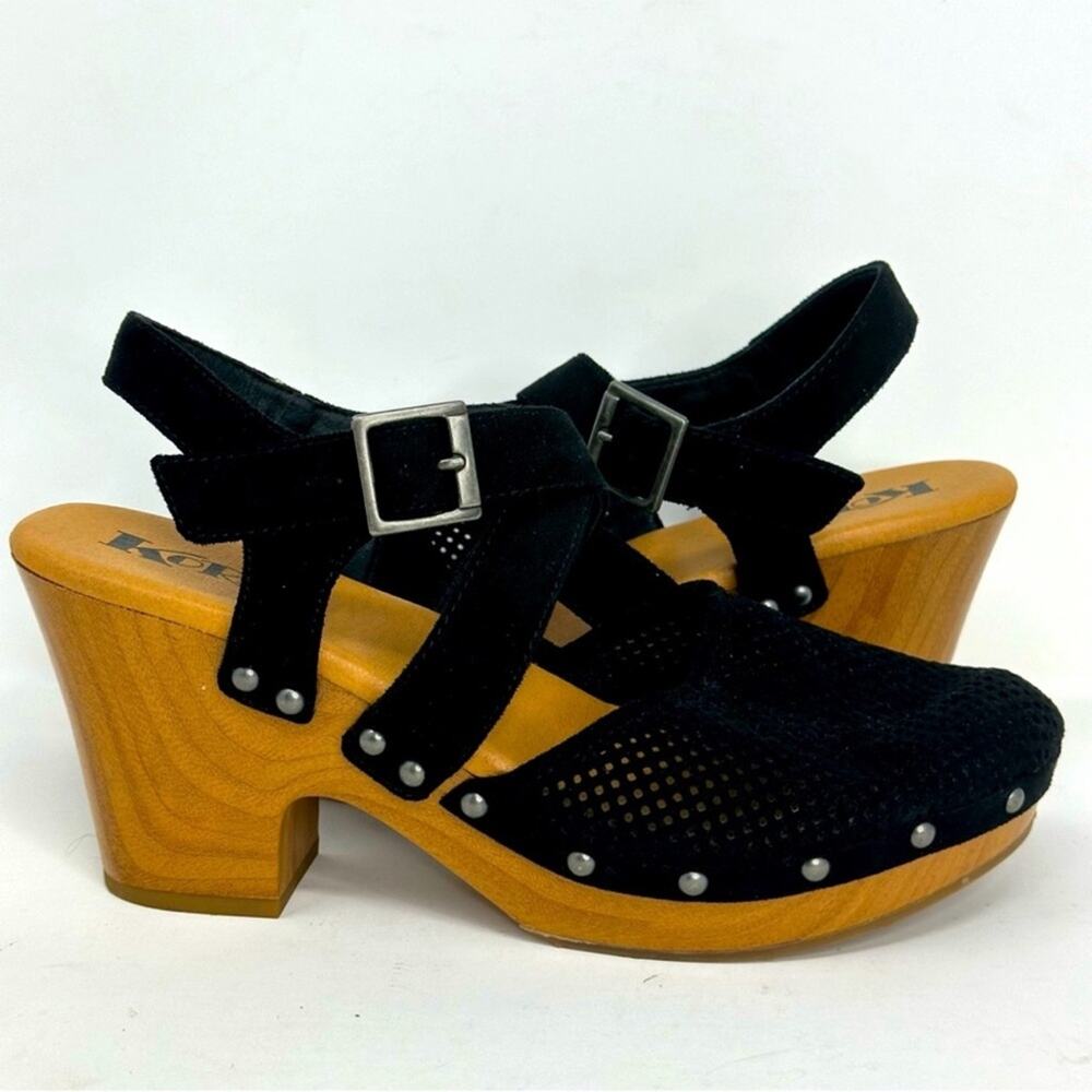 KORKS Wooden Heeled Closed Toed Perforated Strappy Sandals - BLACK